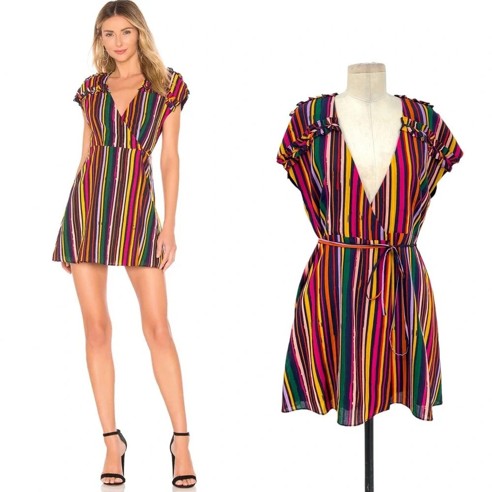 Tularosa Maud Wrap Dress Cherry Red‎ Multi Rainbow Stripe Size Medium